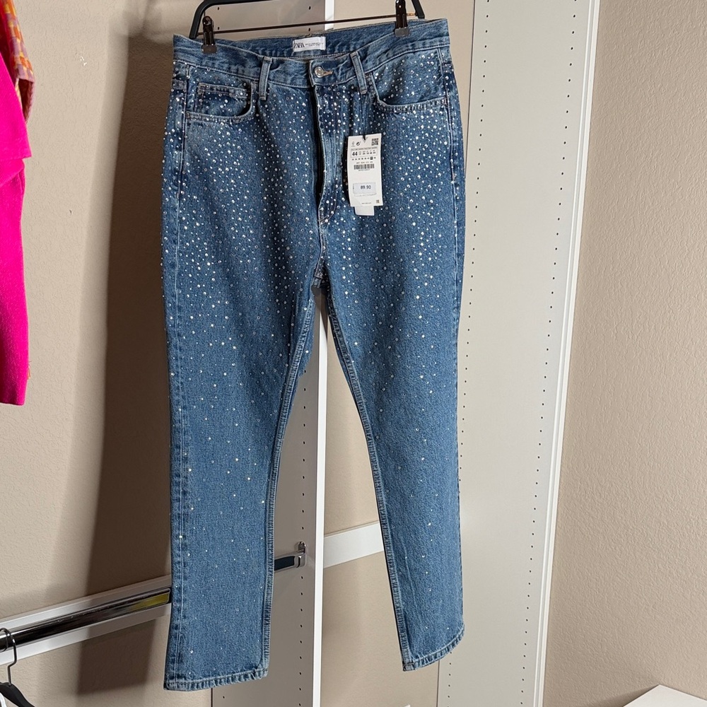 Zara Blue Denim Straight Leg Jeans with Crystal Studs